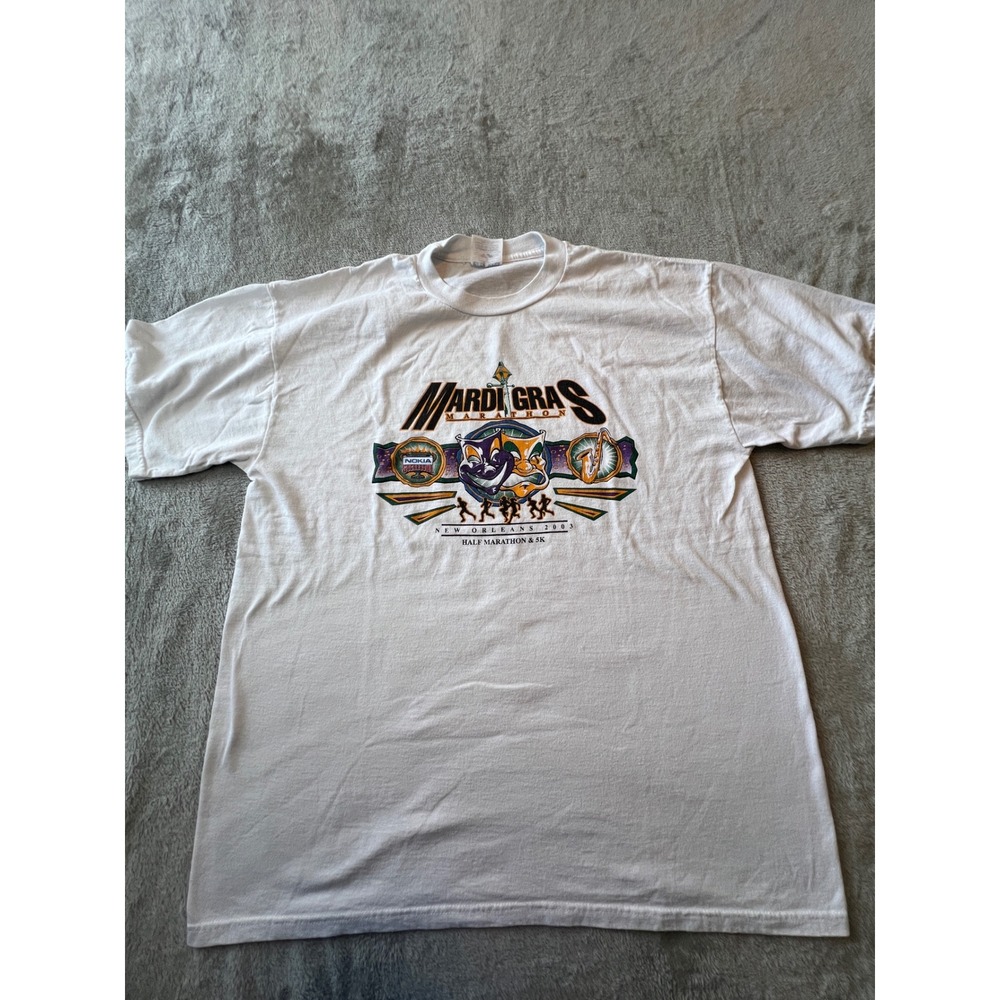 VTGJerzees T-Shirt Mens Large White Mardi Gras Marathon New Orleans 2003 Graphic